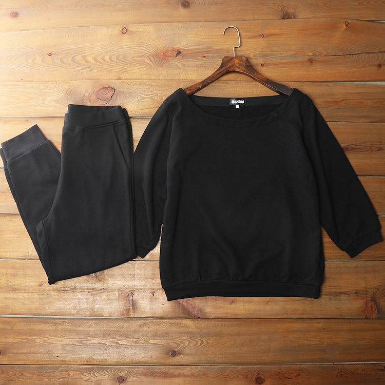 超值外贸日单春季新款女装一字领七分袖卫衣卫裤套装大码透气吸汗