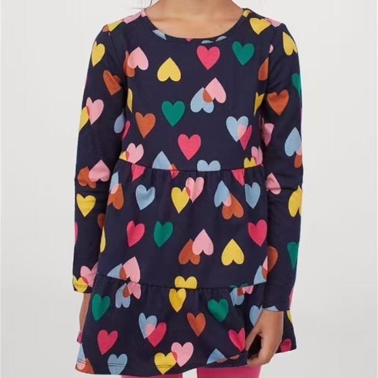 2-3岁断码特惠糖果色外单女童彩色爱心春秋款印花摆纯棉连衣裙子