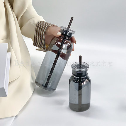 大容量双盖时间刻度玻璃杯高颜值咖啡杯饮料果汁杯子便携透明
