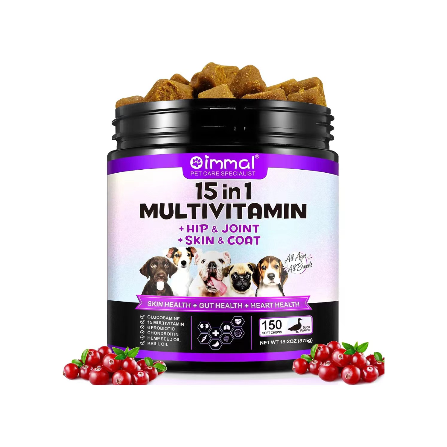 美国直邮Oimmal Dog 15-in-1 Multivitamin Chewable狗复合维生素