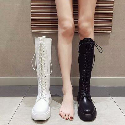 长筒靴女2025新款英伦风系带厚底粗跟马丁靴不过膝长筒网红瘦瘦靴