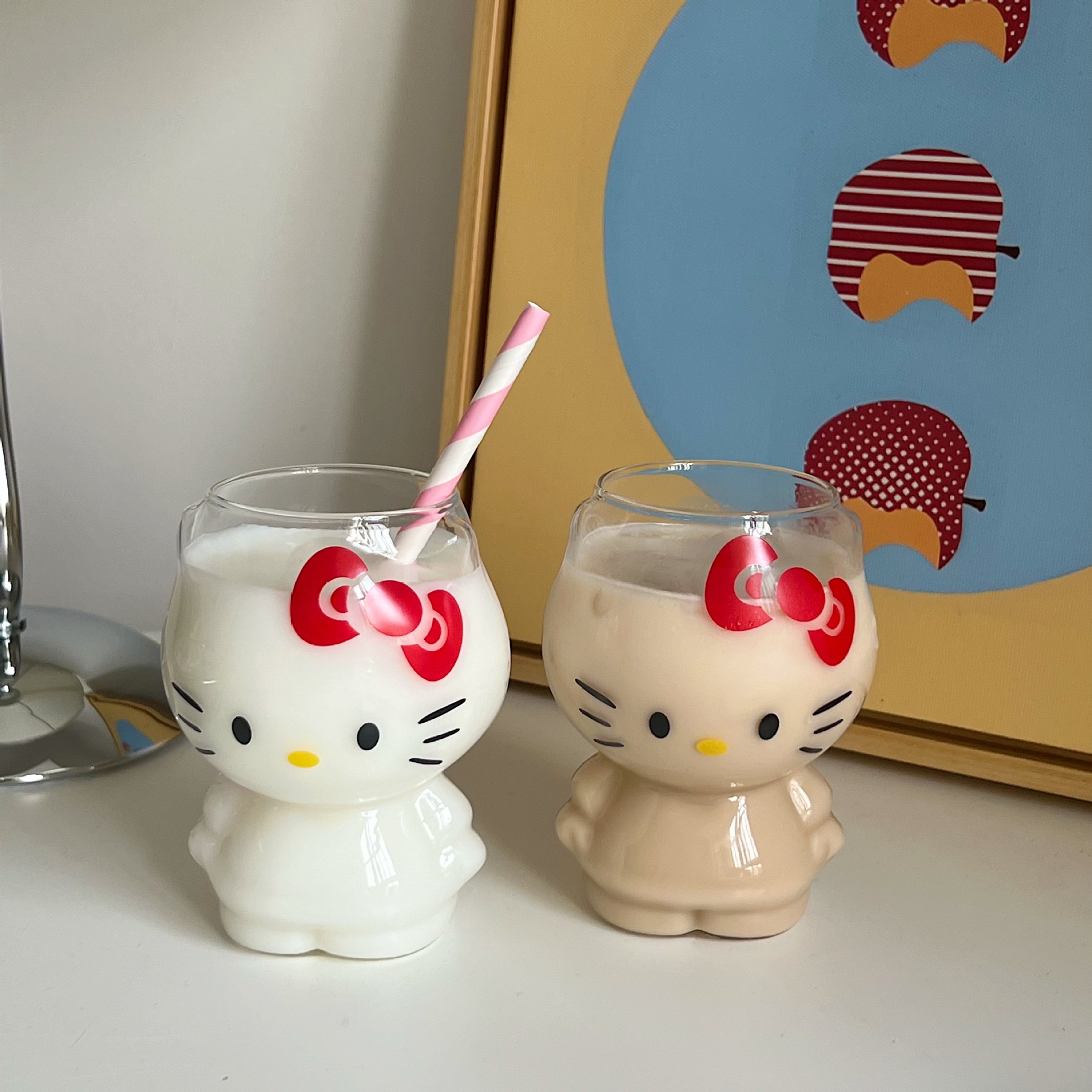 网红可爱KT水杯家用喝水杯ins风卡通高颜值玻璃杯子咖啡杯牛奶杯