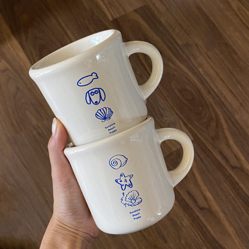 小众复古ins海洋贝壳修勾陶瓷杯日式粗陶质感咖啡杯水杯马克杯子
