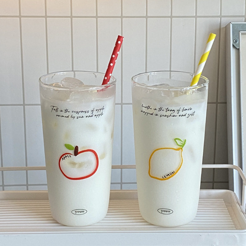 夏季水果柠檬玻璃杯ins轻薄耐热大容量水杯果汁杯苹果咖啡杯400ml