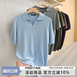 POLO衫 欧美轻奢 吸湿透气复古V领短袖 全棉菠萝针织肌理夏季 男士