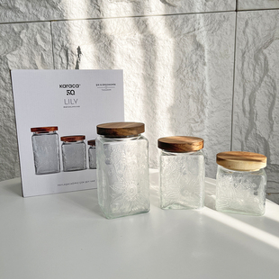 谁能不心动!土耳其轻奢复古3D雕花实木盖食品罐玻璃密封罐三件套