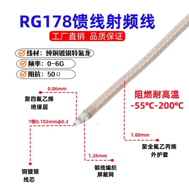 RG178纯铜镀银线射频线同轴电缆50&Omega;耐高温高频线屏蔽馈线RG316线