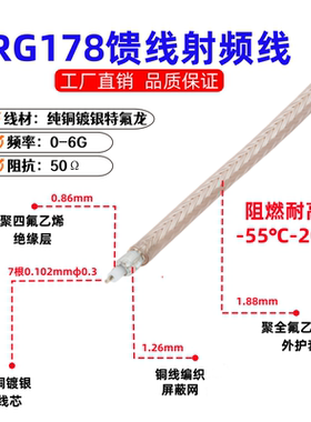 RG178纯铜镀银线射频线同轴电缆50Ω耐高温高频线屏蔽馈线RG316线