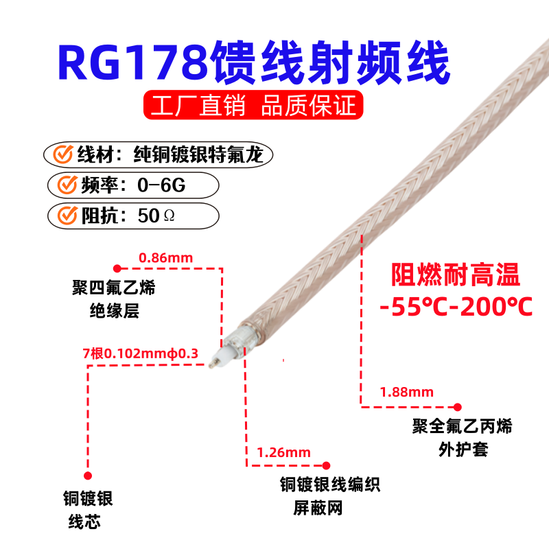 RG178纯铜镀银线射频线同轴电缆