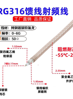 国标RG316同轴线射频线 2兆线耐高温高频特氟龙电缆SFF50-1.5馈线