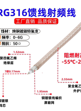 国标RG316同轴线射频线 2兆线耐高温高频特氟龙电缆SFF50-1.5馈线