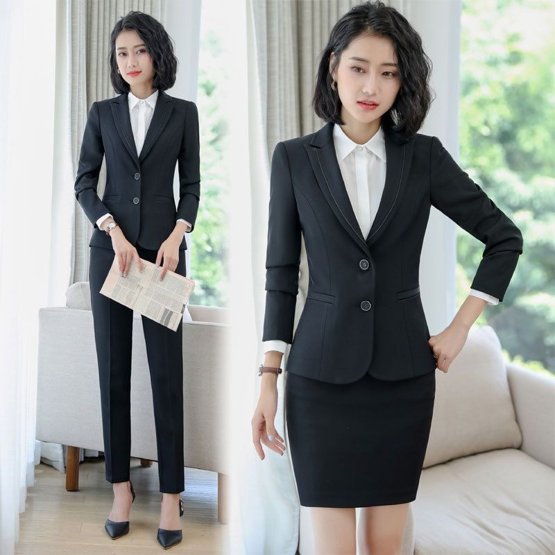 长袖大码二粒套裙正装1505女裤制服黑色扣衬衣西装五件套职业打底