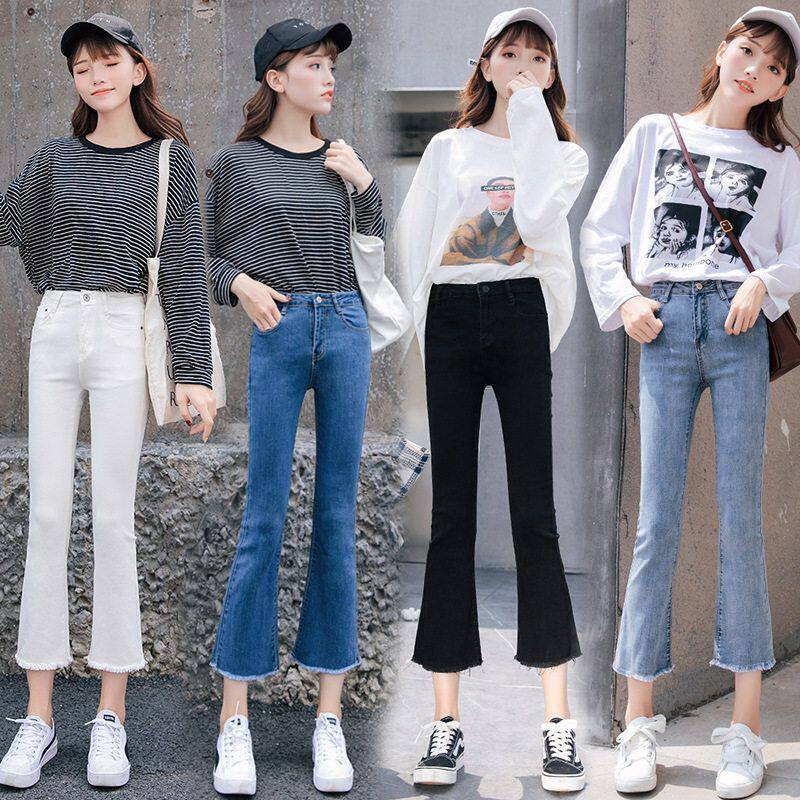 女2018毛边微喇牛仔深蓝八分裤白色浅蓝色黑色九分裤
