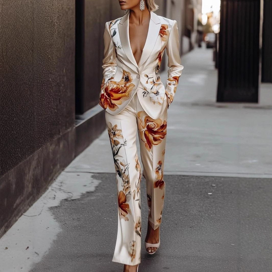 Fashion Women Outfit Suit Sets欧美时尚印花缎面西装套装两件套