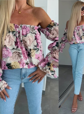 Women Crop Top Tees Off Shoulder T-Shirt一字领印花上衣衬衫