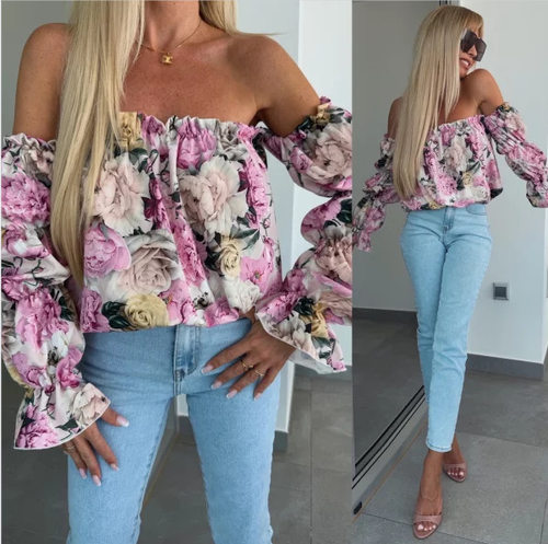Women Crop Top Tees Off Shoulder T-Shirt一字领印花上衣衬衫