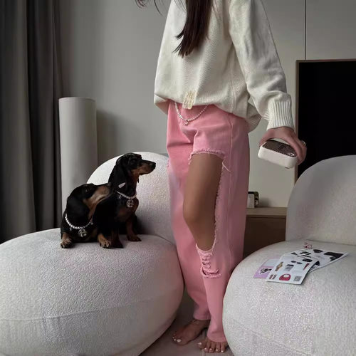 Women Retro Denim Jeans Pants Pink High Waist破洞牛仔裤粉色