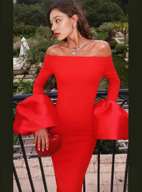 Women Dresses Off Shoulder Streetwear时尚一字领花苞袖连衣裙