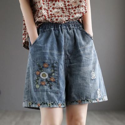 高腰牛仔裤短裤松阔腿刺绣短裤Women Denim Jeans Shorts Pants