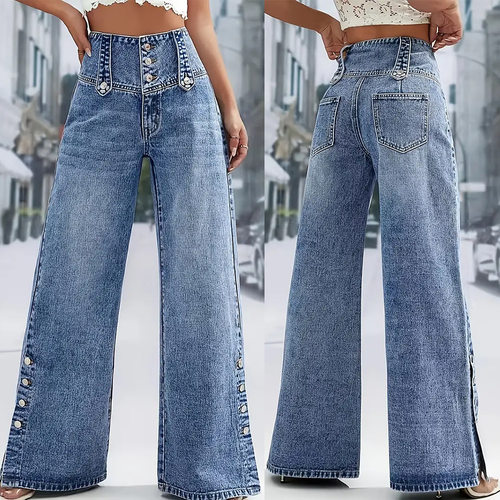 Women Denim Jean Pants春夏炒花脚口开叉牛仔长裤高腰牛仔阔腿裤