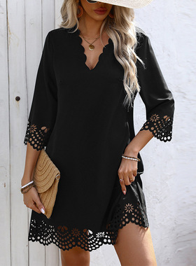 Women Dresses Fashion Clothes欧美风连衣裙春夏度假半袖a字裙