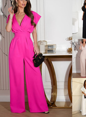 Women Jumpsuit Elegant Summer Clothes Long Pants纯色连体长裤