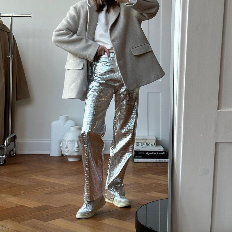 Women PU Pants High Waist秋冬银色PU皮裤时尚鳞纹高腰直筒裤子