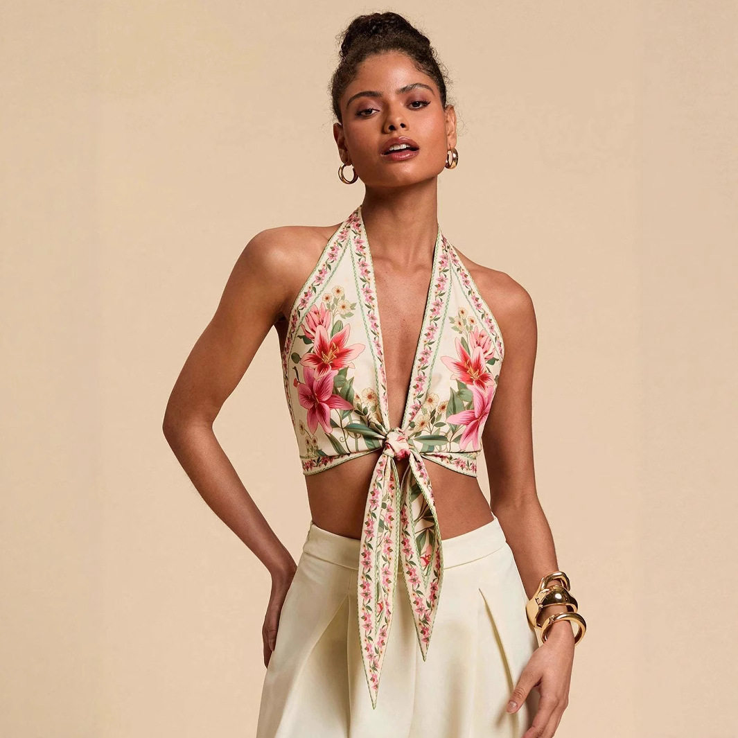 Women Print Vest Backless Tube Tops欧美辣妹休闲露背上衣抹胸