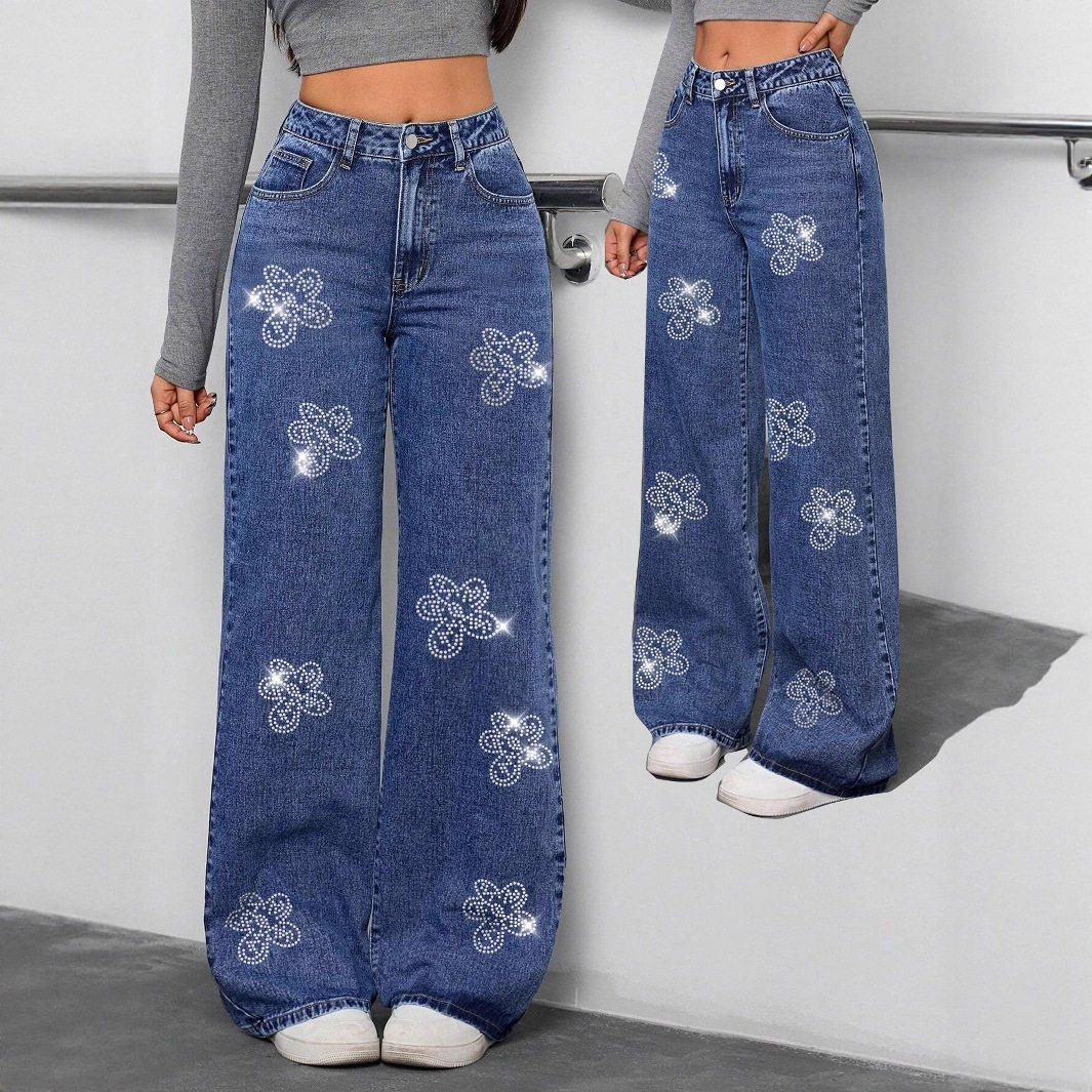 Women Denim Jean Pants欧美女装牛仔裤秋季花朵烫钻宽松直筒长裤