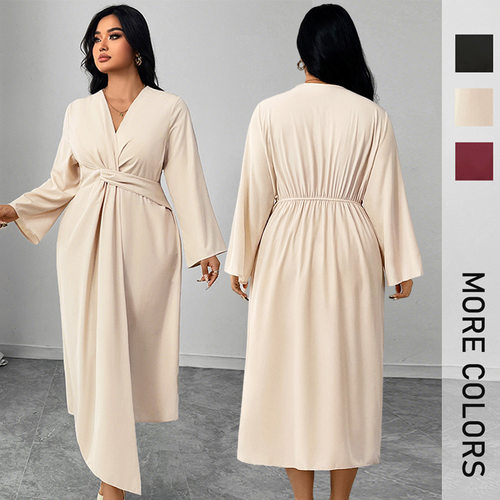 Elegant Women Dresses长袖连衣裙气质收腰修身不规则剪裁长裙