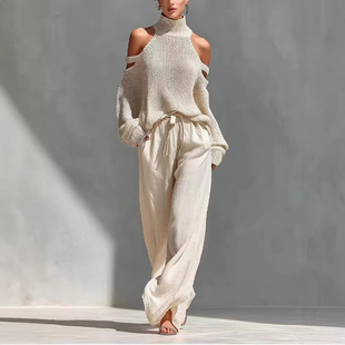 Sexy Fashion Women Outfit Sets欧美纯色长袖高领上衣长裤两件套