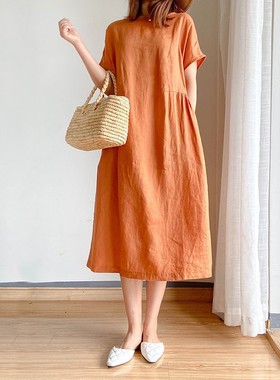 复古文艺范气质连衣裙胖mm宽松显瘦中长纯色Cotton Linen Dresses