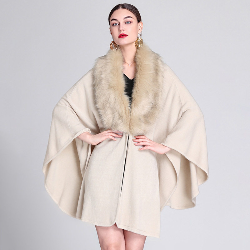 Poncho Coat Cape欧美秋冬新款毛领披肩斗篷中长款针织开衫外套