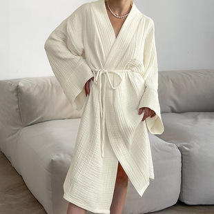 Women Bathrobe Night Gown春夏纯棉透气开衫系带睡袍宽松家居服