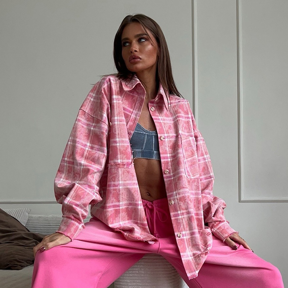 Women Shirt Pint Retro格子衬衫欧美复古潮色宽松衬衣外套粉格纹