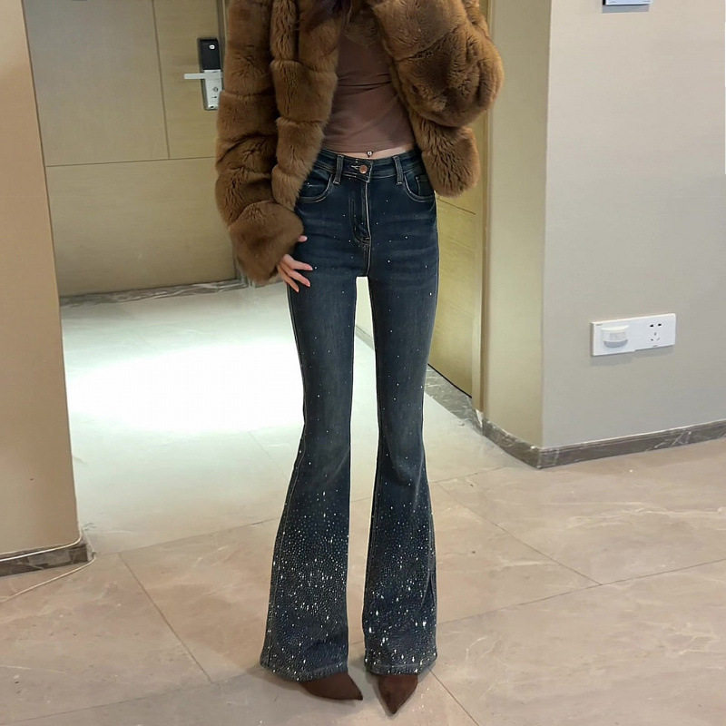 Women Denim Jean Pants重工烫钻满天星复古蓝微喇牛仔裤女马蹄裤