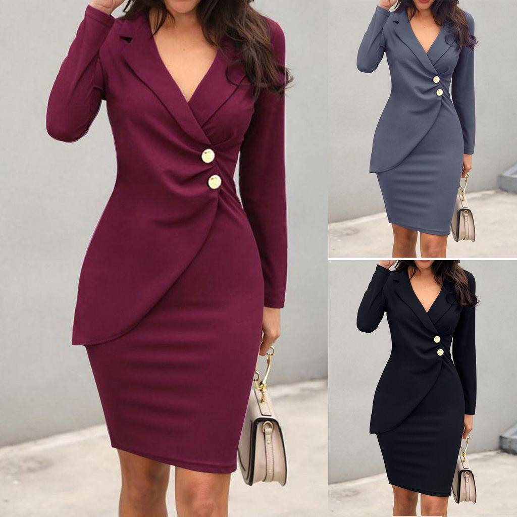 Women OL Dresses欧美秋季修身包臀打底纽扣排扣职业连衣裙女装
