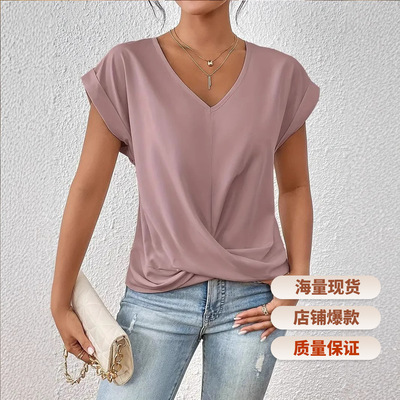 Women Tees Tops Elegant Summer Clothes纯色V领T恤优雅短袖上衣