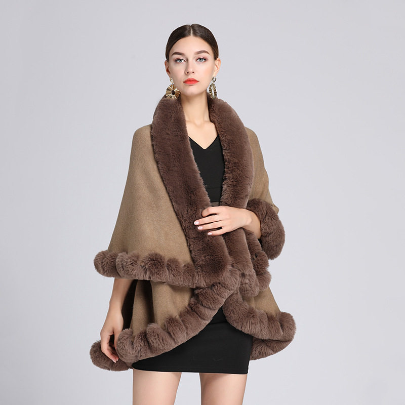 Women Poncho Coat欧美秋冬毛领披肩斗篷女士针织开衫宽松外套女
