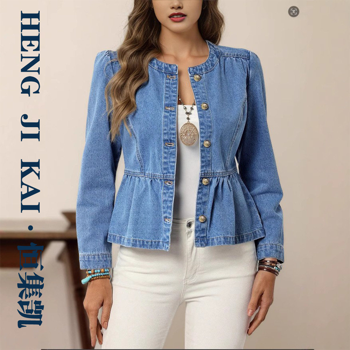 Women Denim Shirt秋季纯色牛仔衬衫休闲百搭套头圆领泡泡袖上衣