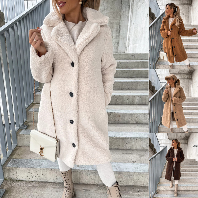 S-5XL Women Long Coat Overcoat Outwear秋冬翻领毛绒上衣长外套