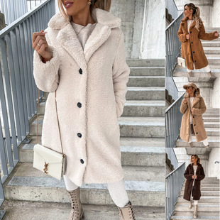 S-5XL Women Long Coat Overcoat Outwear秋冬翻领毛绒上衣长外套