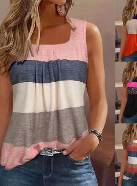 Women Tank Tops Vest Tshirts Summer Clothes休闲方领撞色条纹