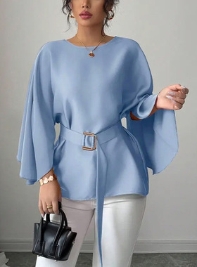 Women Shirt Elegant Summer Clothes纯色衬衫衬衣喇叭中袖女装