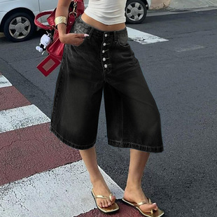 欧美多排扣牛仔短裤宽松百搭裤子Women Denim Jean Pant Trousers