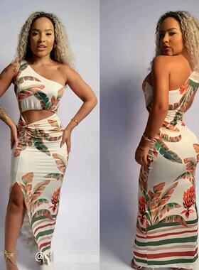 Women Dresses Sexy Summer Spring Clothes性感斜肩开衩连衣裙