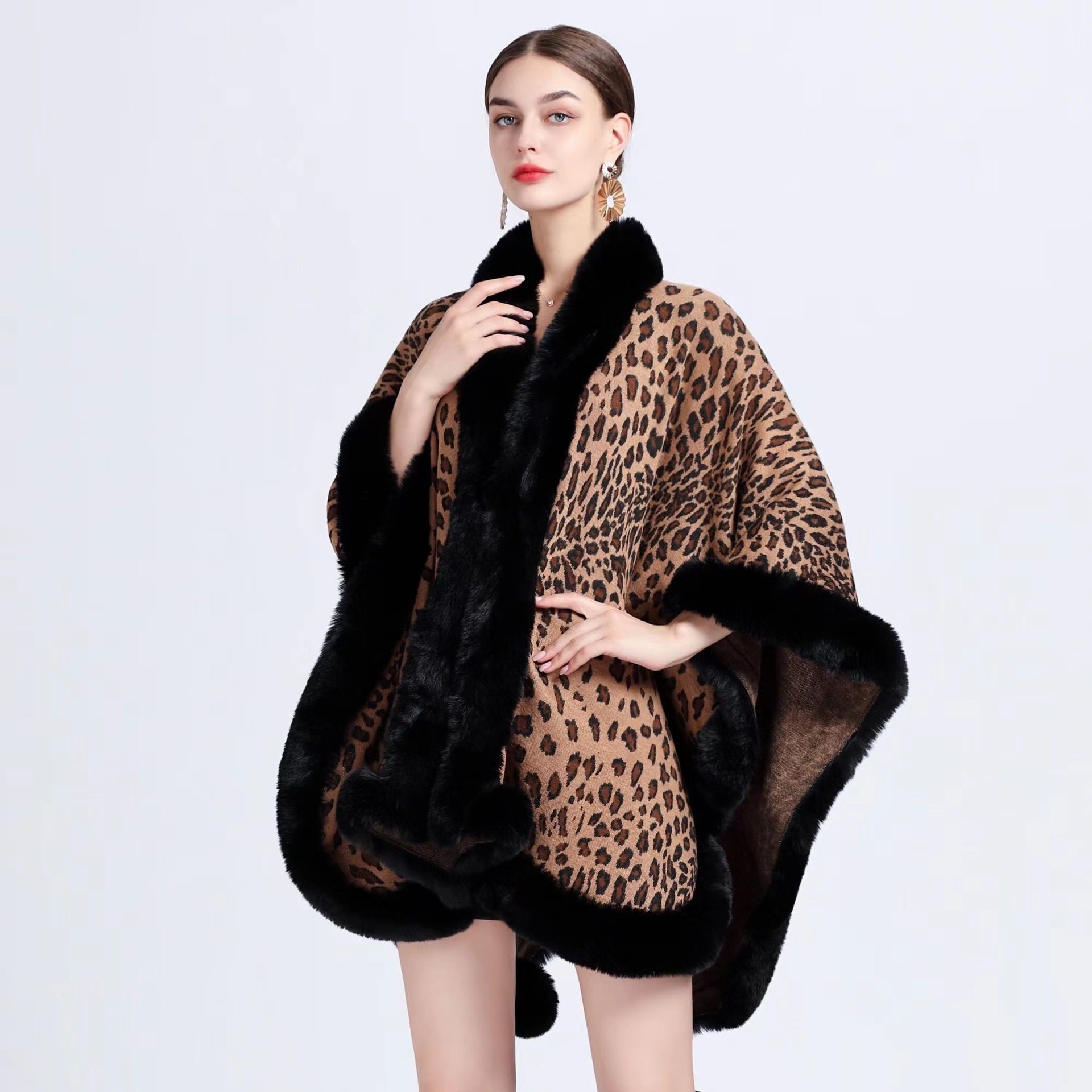 Women Coat Poncho Shawl毛领豹纹提花披肩斗篷大码针织开衫外套