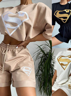 欧美女装夏季新款绣花运动休闲短裤卫衣套装Women Sport Suit Set