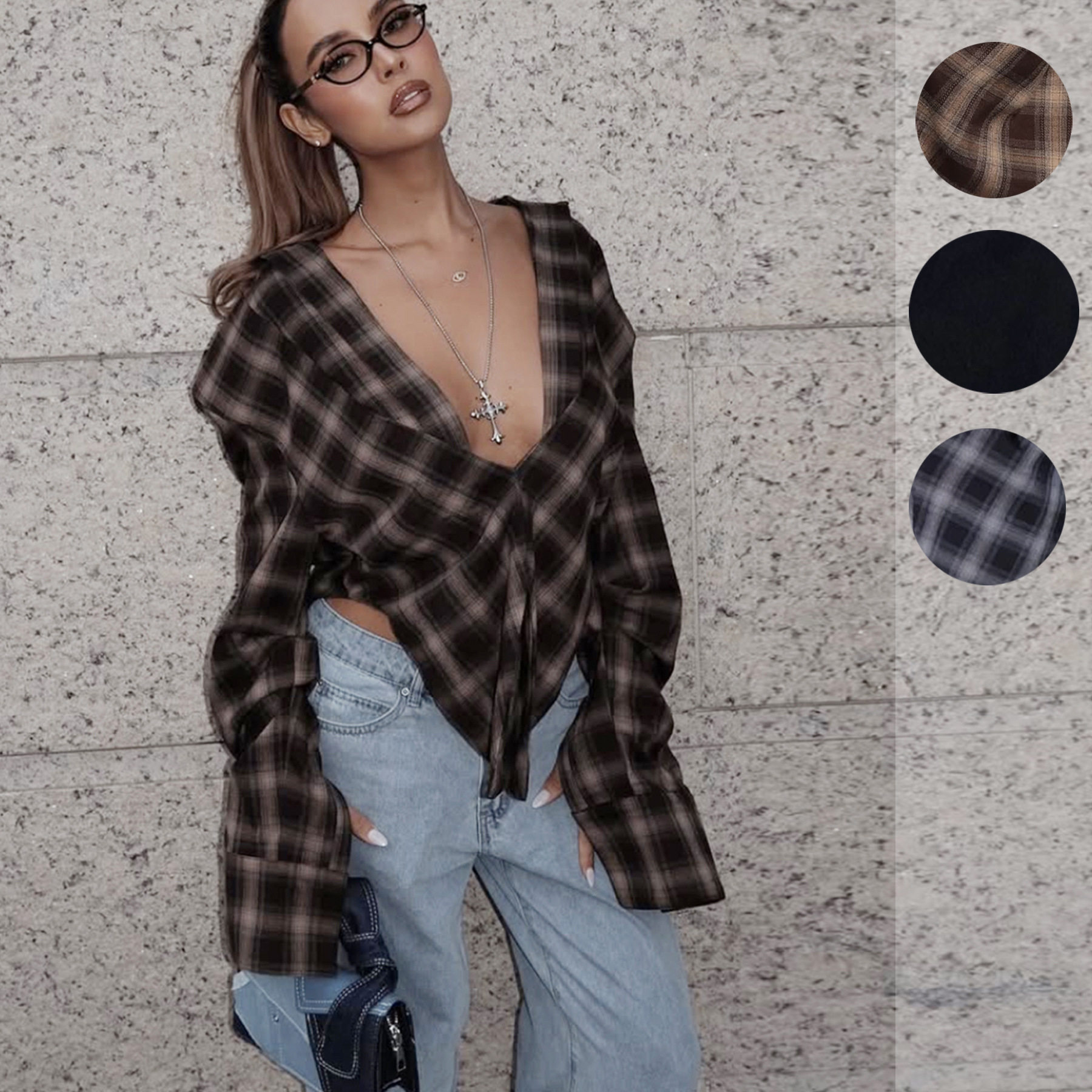 Sexy Fashion Women Shirt Top Blouse女装性感格子收腰衬衫上衣