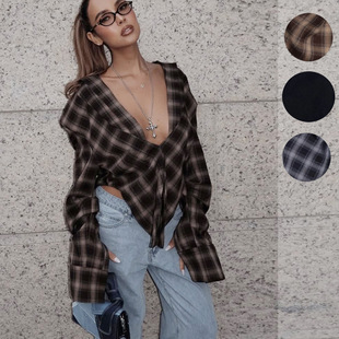 Shirt Women Fashion 上衣 Blouse女装 性感格子收腰衬衫 Top Sexy